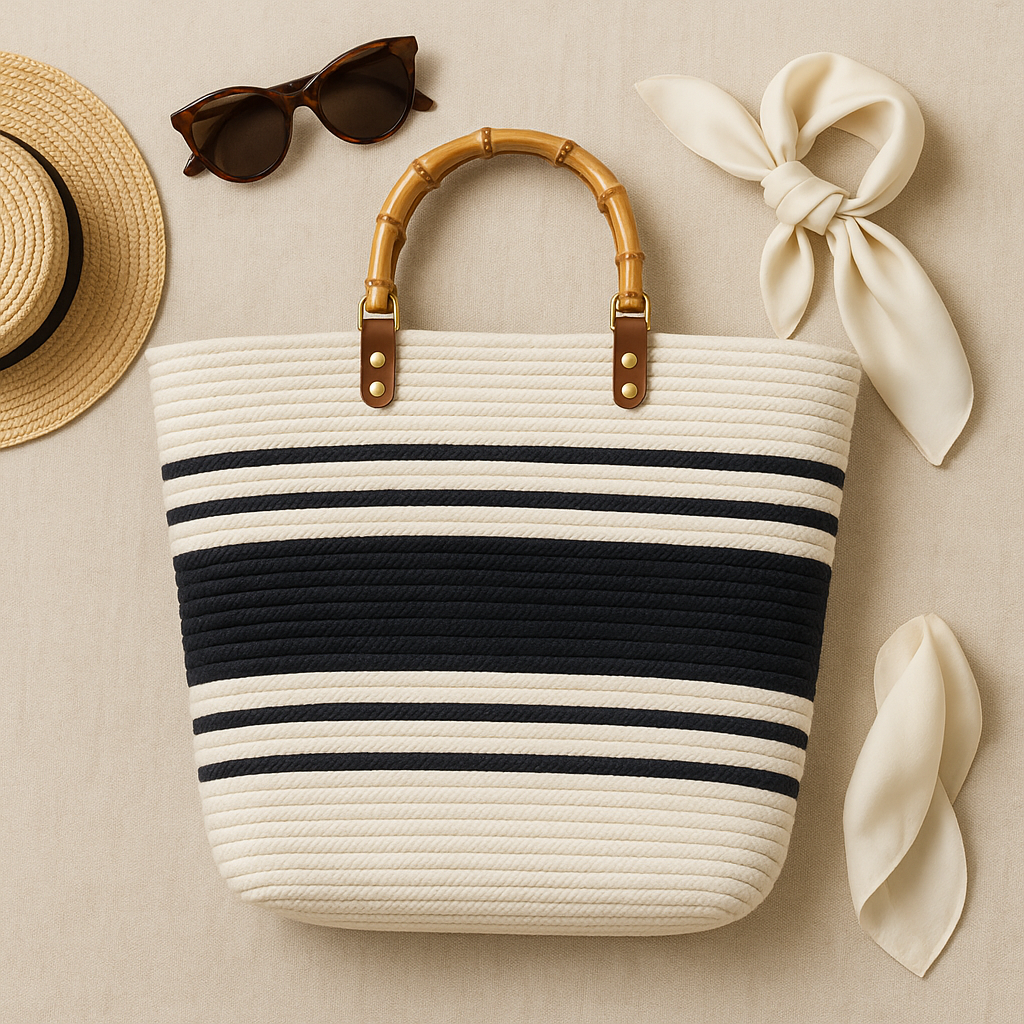 FLO's Nautical Striped Crochet Tote – Bamboo Handle Edition