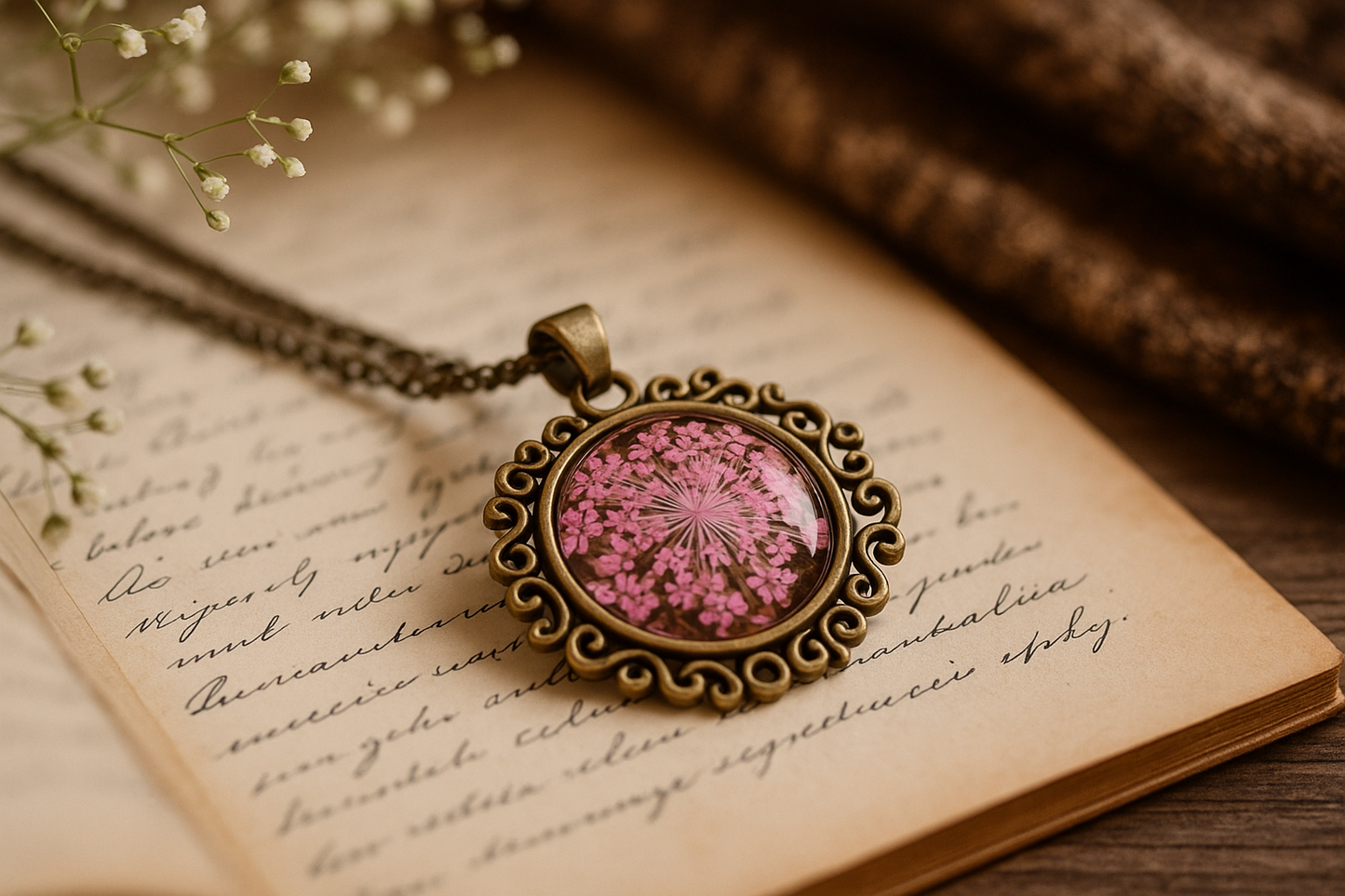 FLO's Vintage Women's Rounded Bronze Pendant Necklace with Natural Dried Flower