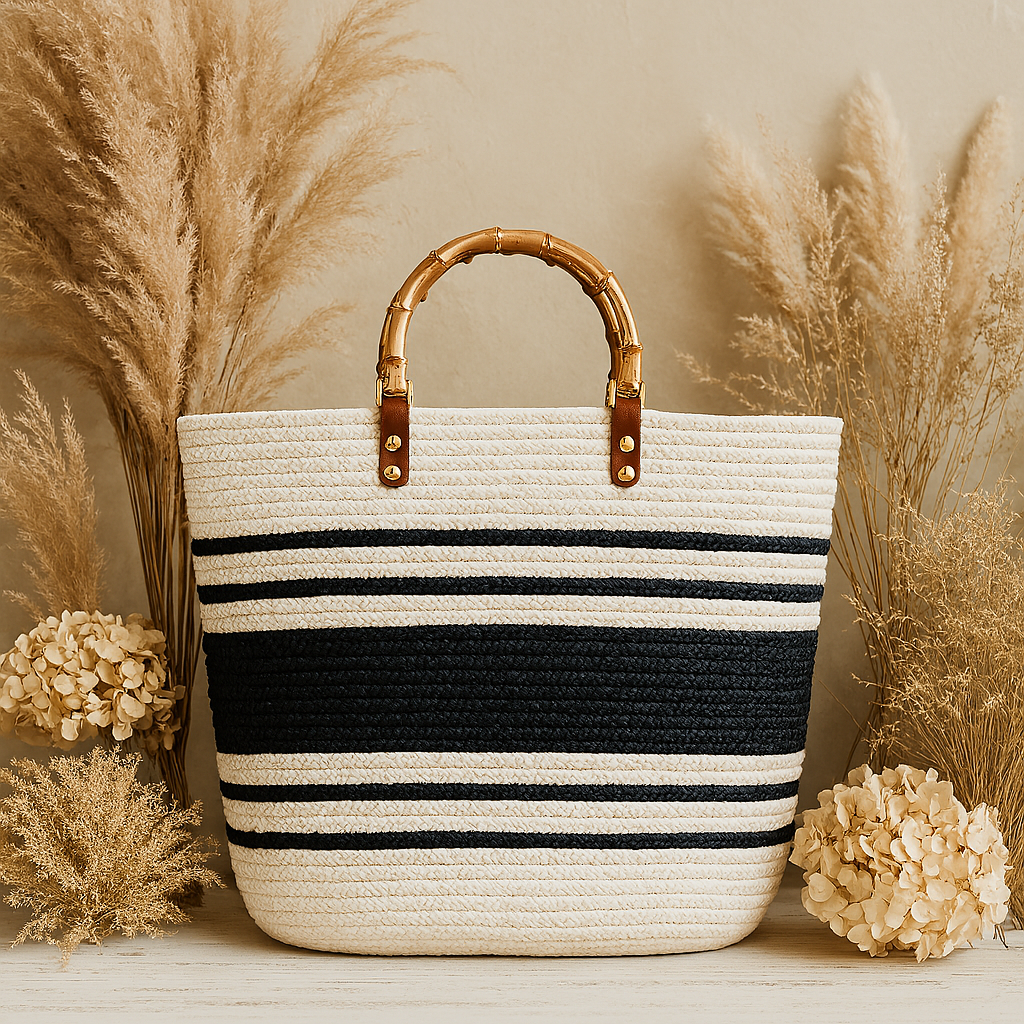 FLO's Nautical Striped Crochet Tote – Bamboo Handle Edition
