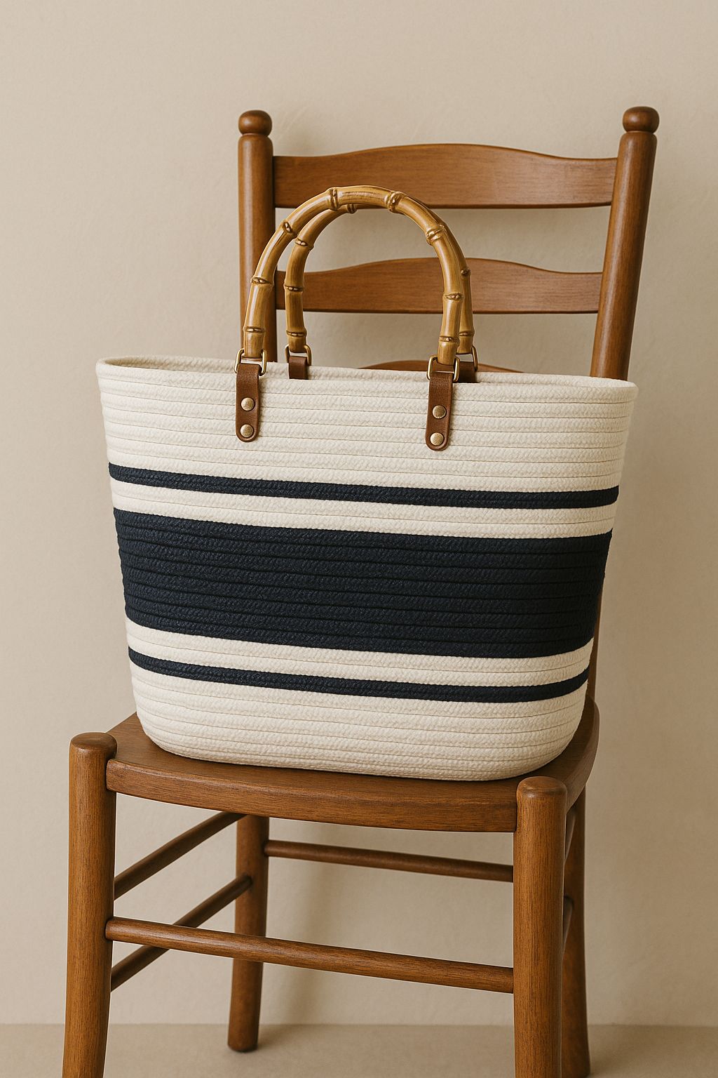 FLO's Nautical Striped Crochet Tote – Bamboo Handle Edition