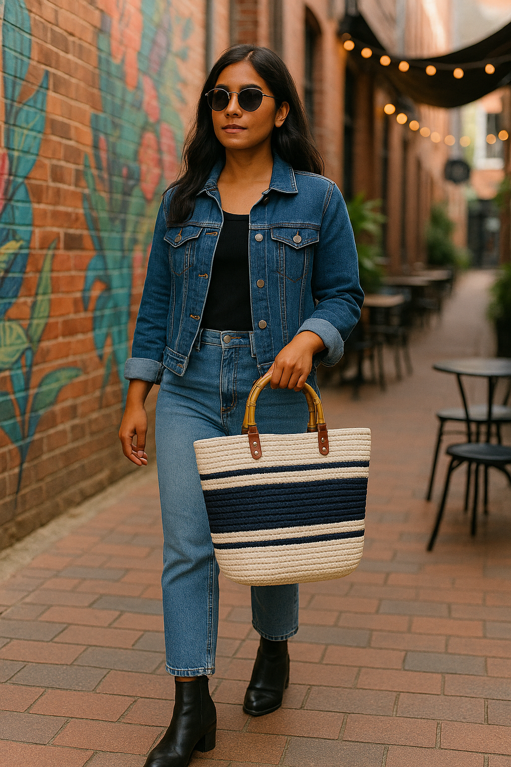 FLO's Nautical Striped Crochet Tote – Bamboo Handle Edition