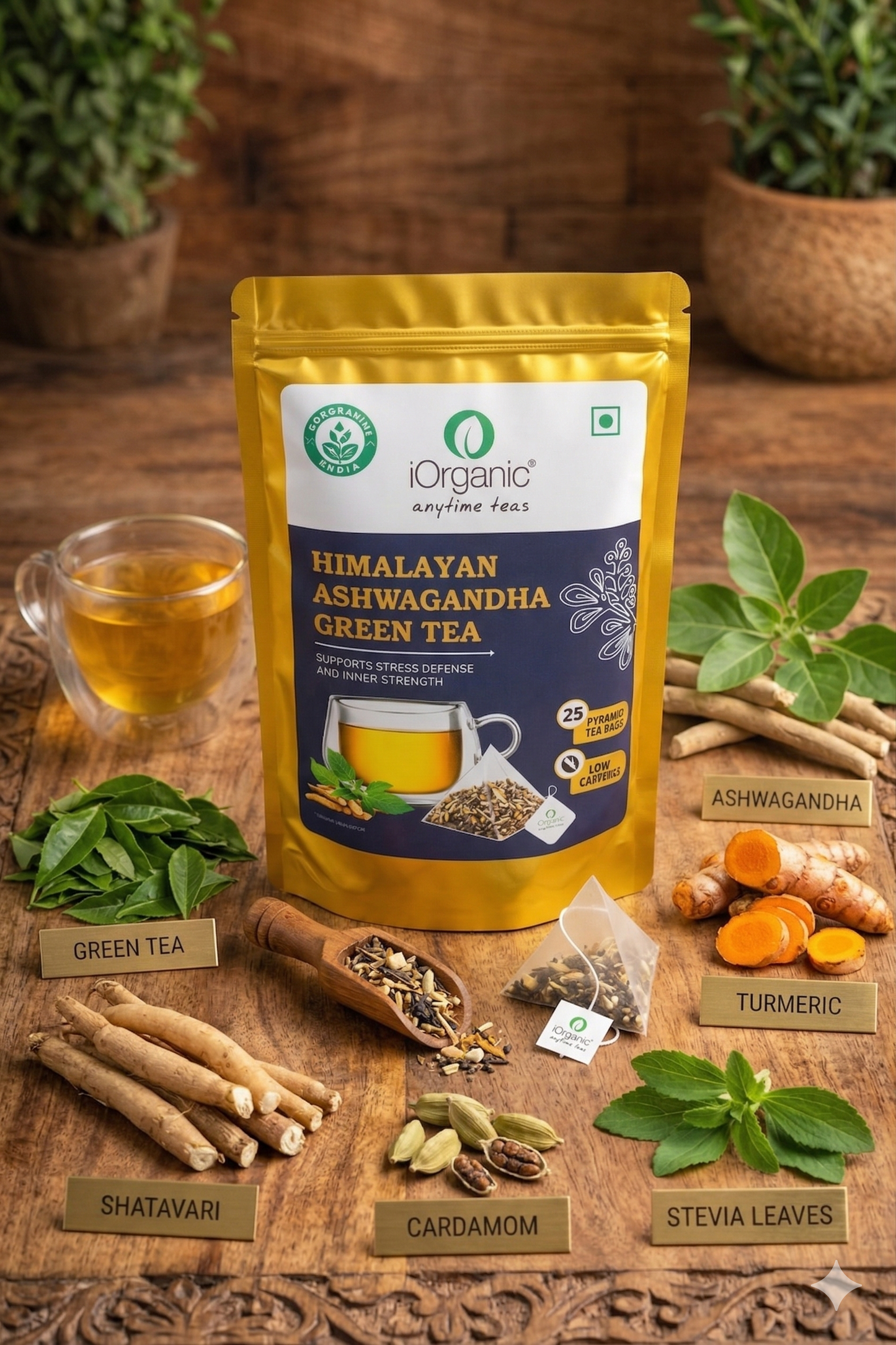 Himalayan Ashwagandha Green Tea tea bags with green tea, turmeric, cardamom and herbal wellness blend