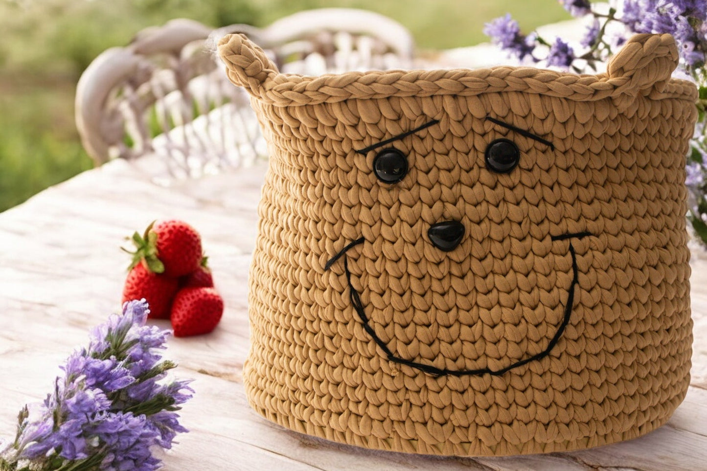 Smiley Bear Crochet Storage Basket