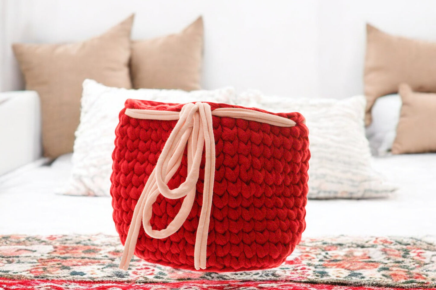 Handmade Crochet Storage Baskets with Drawstring Accent