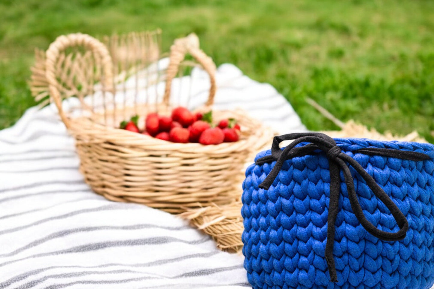 Handmade Crochet Storage Baskets with Drawstring Accent
