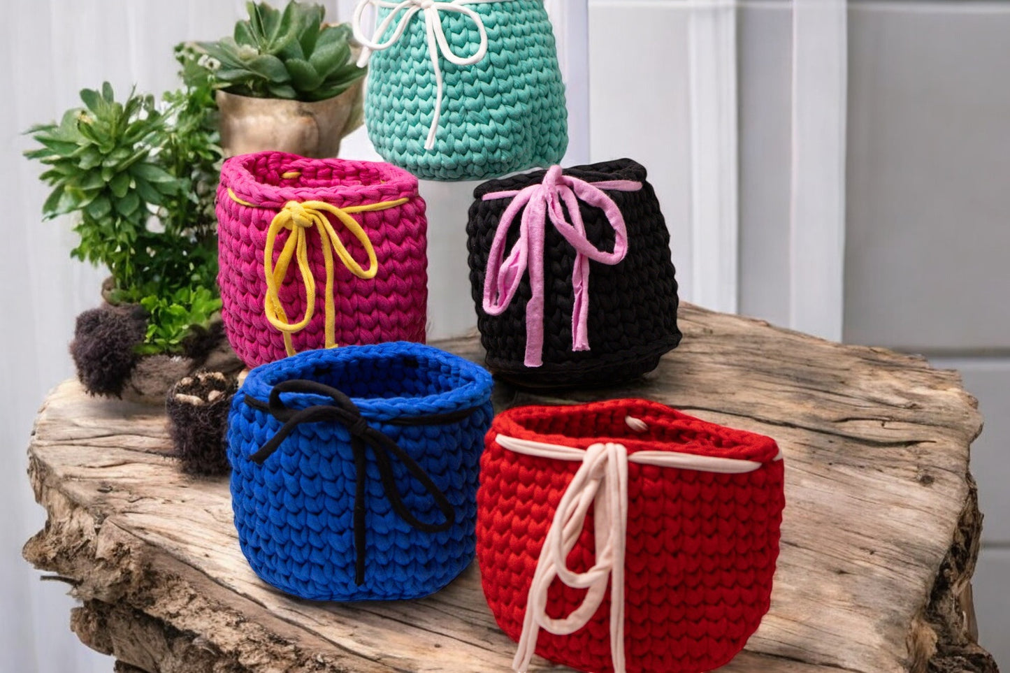 Handmade Crochet Storage Baskets with Drawstring Accent