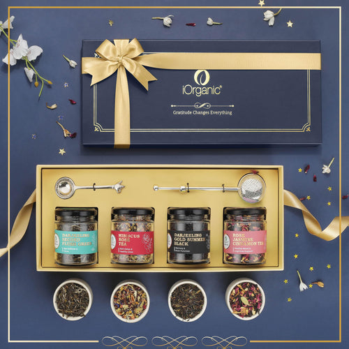 Alayam Royale Tea Collection box with 4 wellness teas, nickel tea spoon, and telescopic brass tea strainer