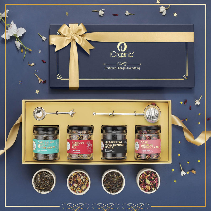 Alayam Royale Tea Collection box with 4 wellness teas, nickel tea spoon, and telescopic brass tea strainer