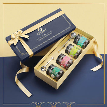 iorganic Anand gift box assortment of 6 wellness teas and premium teaware, diwali gifting, festive gifting, wedding gifting, corporate gifting
