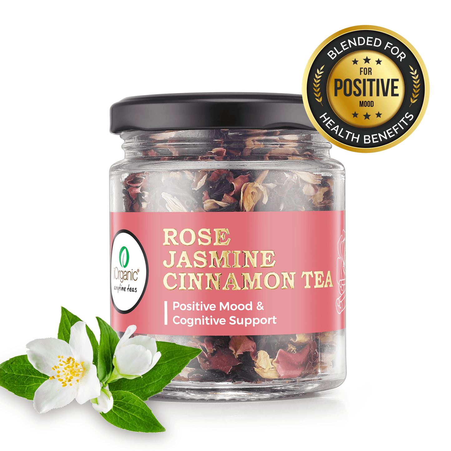 Rose Jasmine Cinnamon Tea loose leaf wellness tea with black tea, rose petals, jasmine, cinnamon, and cardamom