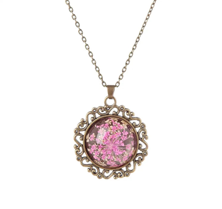 FLO's Vintage Women's Rounded Bronze Pendant Necklace with Natural Dried Flower