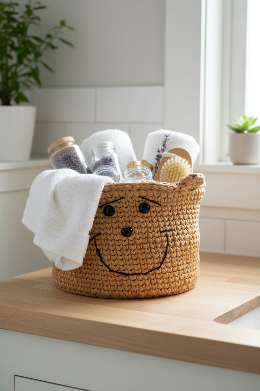 Smiley Bear Crochet Storage Basket